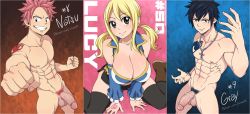Rule 34 | 1girl, 2boys, abs, black eyes, black hair, black skirt, blonde hair, boots, bracelet, breasts, brown eyes, chain, chain necklace, character name, cleavage, clenched hand, clenched teeth, closed mouth, clothed female nude male, collage, collar, cross, crotch, fairy tail, fighting stance, flaccid, frills, gem, glans, gray fullbuster, groin, hand up, highres, ichan, ichan-desu, jewelry, large breasts, large penis, leggings, long hair, looking at viewer, lucy heartfilia, multiple boys, muscular, natsu dragneel, navel, necklace, nipples, nude, patreon username, pectorals, penis, pink hair, pubic hair, sharp teeth, shiny skin, short hair, simple background, sitting, skirt, smile, spiked hair, standing, tattoo, teeth, testicles, twintails, urethra, veins, veiny penis