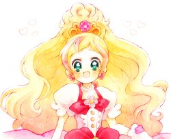 Rule 34 | 1girl, :d, aqua eyes, bad id, bad pixiv id, blonde hair, blue eyes, blush, bow, choker, cure flora, earrings, gloves, go! princess precure, hair ornament, half updo, haruno haruka, heart, jewelry, long hair, looking at viewer, magical girl, momiji (lucario), multicolored hair, no nose, open mouth, pink hair, precure, puffy sleeves, ribbon, simple background, smile, solo, streaked hair, two-tone hair, upper body, waist bow, wavy hair, white background
