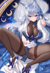 Rule 34 | 1girl, absurdres, animal ear fluff, animal ears, azur lane, bare shoulders, blue butterfly, blue dress, blue eyes, blush, bodystocking, breasts, bug, butterfly, cleavage, dress, feather boa, fox ears, grey hair, hair ornament, highres, insect, kitsune, large breasts, long hair, looking at viewer, multiple tails, shanguier, shinano (azur lane), shinano (dreams of the hazy moon) (azur lane), solo, tail, very long hair
