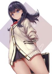 Rule 34 | 10s, 1girl, arms behind back, bad id, bad pixiv id, black hair, black skirt, blue eyes, bow, brown background, cardigan, closed mouth, commentary request, cowboy shot, dutch angle, gridman universe, hair between eyes, heart, highres, holding, long hair, long sleeves, looking at viewer, miniskirt, okuma mai, pleated skirt, red bow, sidelocks, signature, skirt, solo, ssss.gridman, takarada rikka, thick thighs, thighs, two-tone background, white background, white cardigan