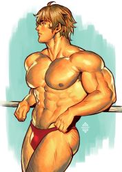 Rule 34 | 1boy, abs, artist name, bara, blonde hair, briefs, bulge, closed mouth, fate/grand order, fate (series), gawain (fate), highres, large pectorals, male focus, male underwear, muscular, muscular male, navel, nipples, pectorals, red male underwear, short hair, simple background, solo, thick thighs, thighs, underwear, xelgot