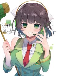 Rule 34 | 1girl, absurdres, birthday, black hair, breasts, collared shirt, detached sleeves, green eyes, hammer, happy birthday, headphones, highres, holding, holding hammer, konemu, kyoumachi seika, large breasts, looking at viewer, necktie, red necktie, shirt, short hair, smile, solo, upper body, voiceroid, white shirt