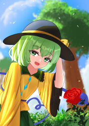 Rule 34 | 1girl, :d, absurdres, arm at side, backlighting, blue sky, blurry, blurry background, buttons, commentary request, cowboy shot, crossed bangs, day, diamond button, flower, frilled shirt collar, frilled sleeves, frills, green eyes, green hair, hair between eyes, hand on headwear, hand up, happy, heart, heart of string, highres, koishi day, komeiji koishi, leaning forward, linuslinus920423, long sleeves, looking at viewer, medium hair, open mouth, outdoors, red flower, red rose, rose, shirt, sky, smile, solo, straight hair, third eye, touhou, tree, tsurime, wide sleeves, yellow shirt