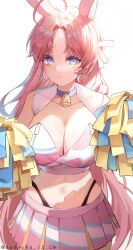Rule 34 | 1girl, ahoge, animal ears, bad id, bad twitter id, bare shoulders, bell, blue choker, blue eyes, breasts, cheerleader, choker, cleavage, collarbone, copyright request, cowboy shot, crop top, dasha, frown, highleg, highres, holding, holding pom poms, large breasts, long hair, looking at viewer, midriff, miniskirt, navel, panty straps, parted bangs, pink hair, pink shirt, pink skirt, pleated skirt, pom pom (cheerleading), pom poms, rabbit ears, shirt, skirt, sleeveless, sleeveless shirt, solo, star (symbol), stomach, very long hair, zipper, zipper pull tab