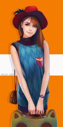Rule 34 | 1girl, bag, bare arms, bare shoulders, blunt bangs, breast pocket, brown eyes, brown hair, character name, closed mouth, cowboy shot, flat chest, hair behind ear, handbag, hat, hat feather, highres, holding, holding bag, light smile, long hair, looking at viewer, orange background, original, peter xiao, pocket, realistic, red hat, simple background, solo, turtleneck, v arms, watch, wristwatch