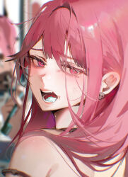 Rule 34 | 1girl, absurdres, anger vein, bags under eyes, blush, brushing teeth, commentary request, earrings, eyelashes, foaming at the mouth, from behind, hair between eyes, highres, hololive, hololive english, jewelry, long hair, looking at viewer, looking back, messy hair, mirror, misu (miisuuu), mori calliope, open mouth, pink eyes, pink hair, reflection, skull earrings, solo, strap slip, tearing up, upper body, virtual youtuber, waking up