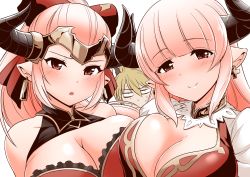 Rule 34 | 10s, 1boy, 2girls, alicia (granblue fantasy), aliza (granblue fantasy), asymmetrical docking, bare shoulders, blush, breast press, breasts, cleavage, closed mouth, draph, earrings, granblue fantasy, highres, horns, huge breasts, jewelry, kanno takanori, long hair, looking at viewer, mature female, monochrome, mother and daughter, multiple girls, open mouth, pink hair, pointy ears, red eyes, silver hair, simple background, smile, stan (granblue fantasy), upper body, white background