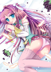 Rule 34 | 1girl, aqua eyes, ass, bare shoulders, blush, breasts, detached sleeves, feather hair ornament, feathers, food, fruit, grapes, hair ornament, izumi shara, koihime musou, long hair, looking at viewer, lying, on side, panties, pantyshot, pink hair, ryuubi, skirt, smile, thighhighs, underwear, upskirt