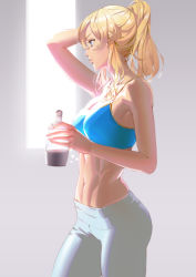 Rule 34 | 1girl, abs, absurdres, alternate costume, athungkaew, blonde hair, blue bra, blue eyes, bottle, bra, breasts, casual, cleavage, closed mouth, commentary, cowboy shot, english commentary, expressionless, from side, genshin impact, grey background, hair between eyes, half updo, hand on own head, highres, holding, holding bottle, jean (genshin impact), lips, medium breasts, medium hair, navel, no shirt, pants, ponytail, profile, sidelocks, simple background, solo, stomach, sunlight, tight clothes, tight pants, toned, underwear, water bottle, white pants, window