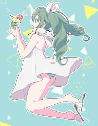 Rule 34 | 10s, 1girl, anchovy (girls und panzer), artist name, ass, casual, commentary, dress, drill hair, food, from side, girls und panzer, green background, green hair, green panties, hair ribbon, holding, holding food, ice cream, ice cream cone, jumping, long hair, open mouth, panties, red eyes, ribbon, sandals, short dress, signature, solo, sundress, tam a mat, triangle, twin drills, twintails, underwear, white dress, white footwear, white ribbon