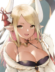 Rule 34 | 1girl, :d, bad id, bad pixiv id, bare shoulders, bikini, bikini top only, black bikini, blonde hair, breasts, brown eyes, cleavage, collar, collarbone, commentary request, earrings, elbow gloves, fur trim, gloves, granblue fantasy, hand up, highres, horns, jewelry, koretsuki azuma, kumbhira (granblue fantasy), large breasts, long hair, long sleeves, looking at viewer, off shoulder, open mouth, pointy ears, shirt, sidelocks, simple background, smile, solo, swept bangs, swimsuit, upper body, white background, white gloves, white shirt, wide sleeves