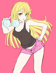 Rule 34 | 1girl, bad id, bad pixiv id, blonde hair, breasts, cleavage, coke-bottle glasses, coorie, glasses, hand on own hip, highres, hip focus, long hair, miniskirt pirates, open mouth, pink background, short shorts, shorts, solo, takeuchi aya, tank top, yellow eyes