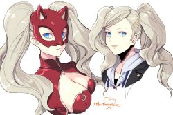 Rule 34 | 1girl, blonde hair, blue eyes, breasts, cleavage, closed mouth, dual persona, hair ornament, hairclip, long hair, looking at viewer, mask, murata tefu, open mouth, persona, persona 5, simple background, smile, solo, takamaki anne, twintails, white background