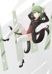 Rule 34 | 1girl, animal ears, arms up, black dress, black footwear, blush, breasts, cat ears, curly hair, double v, dress, full body, green eyes, green hair, groin, high heels, highres, kemonomimi mode, kira (pixiv10023770), long sleeves, looking at viewer, matching hair/eyes, no panties, one-punch man, paw print, shoes, short hair, simple background, skin tight, small breasts, solo, sunlight, tatsumaki, thighhighs, v, white thighhighs, zettai ryouiki