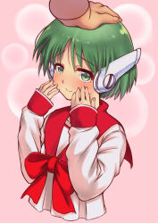 Rule 34 | 1girl, android, blush, bow, collarbone, disembodied limb, green eyes, green hair, hand on another&#039;s head, highres, multi (to heart), piano-alice, pink background, red bow, red sailor collar, robot ears, sailor collar, school uniform, short hair, sleeves past wrists, smile, solo focus, to heart, to heart (series)