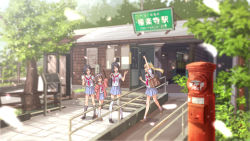 Rule 34 | 4girls, black hair, blonde hair, blue eyes, blunt bangs, blurry, blurry background, blush, brown eyes, building, cardigan, day, hairband, highres, kazeno, long hair, looking at another, multiple girls, open mouth, original, outdoors, pleated skirt, postbox (outgoing mail), sailor collar, school uniform, serafuku, short hair, skirt, sleeves past wrists, tree, twintails