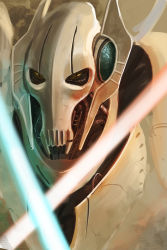 Rule 34 | 1boy, close-up, colored sclera, crossed swords, cyborg, dual wielding, energy sword, general grievous, highres, holding, lightsaber, male focus, shou (meruko1001), slit pupils, solo, star wars, sword, upper body, weapon, yellow sclera