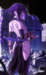 1girl absurdres ass ass_peek backless_outfit bleach bleach:_sennen_kessen-hen breasts building destruction from_behind highres panties purple_eyes purple_hair rubble sheath sheathed short_hair sideboob small_breasts solo sui-feng sword underwear waligner weapon white_panties