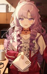 Rule 34 | 1girl, absurdres, bansyono-mamoribito, black-framed eyewear, blush, chest tattoo, choker, commentary request, cup, drill hair, hair ornament, hair ribbon, highres, holding, hyakumantenbara salome, hyakumantenbara salome (casual), jacket, long hair, looking at viewer, microwave, mug, nijisanji, open clothes, open jacket, parted bangs, parted lips, print shirt, purple choker, purple eyes, purple hair, ribbon, rice cooker, scorpion tattoo, shirt, solo, steaming cup, table, tattoo, tearing up, track jacket, unworn eyewear, upper body, virtual youtuber, white shirt