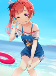 Rule 34 | 1girl, ;p, azur lane, bailey (azur lane), bare shoulders, beach, blush, boat, breasts, closed mouth, cloud, collarbone, day, dutch angle, hand on own knee, highres, innertube, knees together feet apart, long hair, looking at viewer, multicolored eyes, off-shoulder shirt, off shoulder, one eye closed, orange hair, outdoors, overalls, shirt, side ponytail, sky, small breasts, smile, solo, standing, swim ring, tongue, tongue out, v, wan (calvin840203), water, watercraft, white shirt