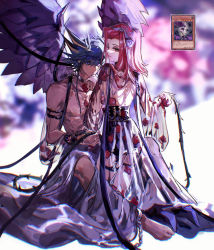 Rule 34 | 1boy, 1girl, absurdres, alternate costume, barefoot, black hair, blonde hair, blue eyes, blurry, blurry background, brown eyes, card, collarbone, cuffs, dress, duel monster, fallen angel of roses, feathered wings, fudo yusei, hair intakes, highres, izayoi aki, long hair, long sleeves, multicolored hair, naoki (2rzmcaizerails6), nipples, red hair, shackles, spiked hair, topless, two-tone hair, wide sleeves, wings, yu-gi-oh!, yu-gi-oh! 5d&#039;s