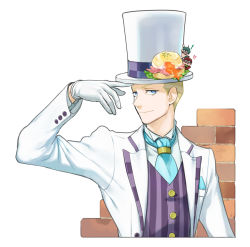 Rule 34 | 3boys, ace attorney, arm up, ascot, ashley graydon, blonde hair, blue ascot, blue eyes, brick wall, chibi, closed mouth, eggs benedict, food, gloves, hat, jacket, long sleeves, looking at viewer, male focus, mikami, multiple boys, nash skulkin, purple vest, ringo skulkin, simple background, striped, the great ace attorney, the great ace attorney: adventures, top hat, vest, white background, white gloves, white headwear, white jacket