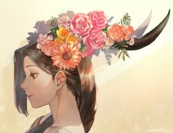 Rule 34 | 1girl, brown hair, closed mouth, flower, from side, horizontal pupils, horn flower, horns, mullmull02, orange flower, original, pink flower, pink rose, portrait, profile, red eyes, rose, smile, solo, tulip, yellow background, yellow flower, yellow tulip