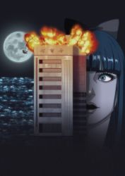 Rule 34 | 10s, 1girl, blue hair, blunt bangs, bow, building, bungee jumping, city, die hard, explosion, full moon, hair bow, long hair, moon, official art, open mouth, parody, pipimi, poptepipic, red bow, sign, silhouette, surprised, window