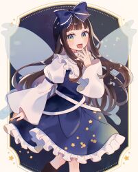 Rule 34 | 1girl, blue bow, blue dress, blush, bow, brown hair, dress, fairy, fairy wings, feet out of frame, frilled dress, frills, hair bow, highres, long hair, long sleeves, looking at viewer, mozukuzu (manukedori), open mouth, sleeve garter, smile, solo, star (symbol), star print, star sapphire, touhou, twitter username, wide sleeves, wings, yellow eyes