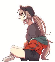Rule 34 | 1girl, alternate costume, baseball cap, black shirt, brmameng, brown eyes, brown hair, candy, casual, crossed legs, food, hat, highres, hololive, hololive english, jacket, jacket partially removed, lollipop, long hair, multicolored hair, nanashi mumei, orange jacket, ponytail, shirt, shoes, shorts, sneakers, streaked hair, t-shirt, very long hair, virtual youtuber
