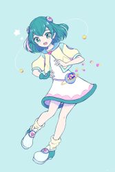 Rule 34 | 1girl, aqua eyes, aqua gloves, aqua hair, belt pouch, blue background, blue sailor collar, candy, cosame22, cropped jacket, dress, fingerless gloves, food, full body, gloves, hagoromo lala, highres, jacket, looking at viewer, loose socks, multicolored hair, open mouth, pink hair, pouch, precure, sailor collar, shoes, short sleeves, simple background, single glove, socks, solo, standing, star-shaped pupils, star (symbol), star twinkle precure, streaked hair, symbol-shaped pupils, white dress, yellow jacket, yellow socks