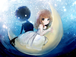 Rule 34 | 1boy, 1girl, bare shoulders, blush, brown hair, closed eyes, commentary, crescent moon, deemo, deemo (character), dress, girl (deemo), green eyes, long dress, long hair, looking at viewer, moon, night, night sky, on moon, sitting, sky, sleeveless, sleeveless dress, smile, solid circle eyes, star (sky), suzune hapinesu, symbol-only commentary, white dress, white eyes