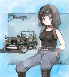 Rule 34 | 1girl, belt, black belt, black footwear, black tank top, blue background, blue eyes, blush, boots, breasts, collarbone, frown, goggles, goggles on head, hands in pockets, hi fumiyo, highres, jeep, looking at viewer, medium breasts, mitsubishi jeep j55, mitsubishi motors, motor vehicle, open mouth, original, personification, shirt tucked in, short hair, signature, sitting, solo, tank top, traditional media, vehicle and personification