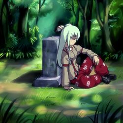 Rule 34 | 1girl, bad id, bad pixiv id, crying, crying with eyes open, female focus, forest, fujiwara no mokou, grass, grave, hair ribbon, long hair, looking down, nature, profile, red eyes, ribbon, sad, shoes, sitting, solo, sunlight, suspenders, tat (artist), tears, touhou