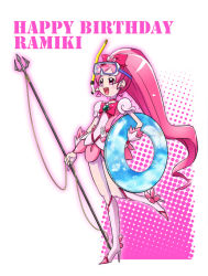 Rule 34 | 10s, 1girl, :d, bad id, bad pixiv id, blush, boots, bow, brooch, cure blossom, diving mask, diving mask on head, earrings, full body, goggles, goggles on head, hair bow, hanasaki tsubomi, happy birthday, heart, heart brooch, heartcatch precure!, innertube, jewelry, knee boots, long hair, maboroshineko, magical girl, open mouth, pink bow, pink eyes, pink hair, pink theme, polearm, ponytail, precure, puffy sleeves, ribbon, skirt, smile, snorkel, solo, standing, standing on one leg, swim ring, trident, weapon, white background, wrist cuffs