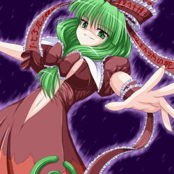Rule 34 | 1girl, bococho, bow, center opening, dress, evil smile, female focus, frills, front ponytail, green eyes, green hair, hair bow, kagiyama hina, looking at viewer, matching hair/eyes, navel, parted lips, puffy short sleeves, puffy sleeves, red bow, red dress, shawl, short sleeves, smile, solo, stomach, touhou, wrist cuffs