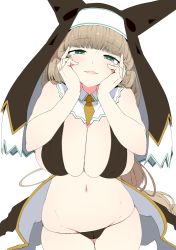 Rule 34 | 1girl, animal ears, bikini, black bikini, blunt bangs, blush, bombergirl, breasts, cleavage, detached collar, fake animal ears, green eyes, hands on own cheeks, hands on own face, hat, hood, huge breasts, light brown hair, long hair, long sleeves, open mouth, sepia belmont, simple background, solo, swimsuit, tottotonero, white background