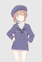 Rule 34 | 1girl, black neckerchief, blue hat, blue jacket, blue sailor collar, brown eyes, brown hair, closed mouth, cowboy shot, cropped legs, doremi, grey background, hands on own hips, hat, head tilt, highres, jacket, kantai collection, long sleeves, looking at viewer, neckerchief, sailor collar, sailor hat, school uniform, serafuku, short hair, simple background, solo, standing, z3 max schultz (kancolle)