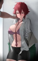 Rule 34 | 1boy, 1girl, absurdres, against wall, aizawa tomo, between breasts, bike shorts, blush, bra, breasts, breath, godekasu, green jacket, hair between eyes, hand on wall, highres, jacket, kabedon, large breasts, looking at another, navel, necktie, off shoulder, open clothes, open shirt, out of frame, pink bra, red eyes, red hair, red necktie, shirt, short hair, stomach, striped necktie, sweat, tomboy, tomo-chan wa onna no ko, underwear, white shirt