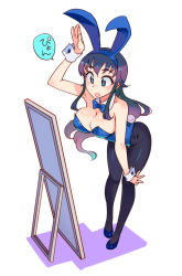 Rule 34 | 1girl, :d, animal ears, ass, bare shoulders, black hair, black pantyhose, blue eyes, bow, bowtie, breasts, cleavage, detached collar, fake animal ears, kusanagi tonbo, leotard, long hair, mirror, open mouth, pantyhose, playboy bunny, rabbit ears, smile, solo, wrist cuffs