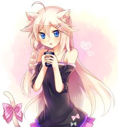 Rule 34 | 1girl, :o, ahoge, animal ears, bad id, bad pixiv id, bare shoulders, blush, bow, braid, cat ears, cat tail, cup, dress, fang, heart, holding, ia (vocaloid), kemonomimi mode, long hair, moe on drop, pink hair, simple background, single braid, solo, tail, tail bow, tail ornament, vocaloid, white background
