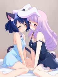 Rule 34 | 10s, 2girls, after kiss, animal ears, babydoll, bell, blush, breasts, cat ears, cat tail, chuchu (show by rock!!), covered erect nipples, curly hair, cyan (show by rock!!), ear-to-ear, eye contact, highres, long hair, looking at another, multiple girls, purple hair, rabbit ears, red eyes, saliva, saliva trail, show by rock!!, sitting, smile, strap slip, tail, takano natsuki, wariza, yuri