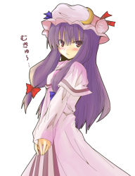Rule 34 | 1girl, :&lt;, blush, bow, crescent, crescent moon, female focus, frown, hair bow, hat, huei nazuki, long hair, moon, mukyuu, patchouli knowledge, purple hair, red eyes, serious, solo, standing, touhou, v arms