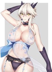 Rule 34 | 1girl, akatsuki ikki, artoria pendragon (fate), artoria pendragon (lancer alter) (fate), artoria pendragon (lancer alter) (royal icing) (fate), bare shoulders, black gloves, black panties, blonde hair, breasts, cleavage, commentary request, curvy, elbow gloves, fate/grand order, fate (series), garter belt, gloves, grey background, highres, hip focus, huge breasts, long hair, official alternate costume, panties, solo, thigh gap, thighs, underwear, white background, yellow eyes