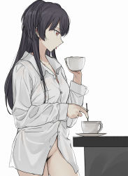 Rule 34 | 1girl, black hair, blunt bangs, brown eyes, collarbone, collared shirt, counter, cup, dress shirt, female pubic hair, highres, holding, holding cup, idolmaster, idolmaster shiny colors, long hair, mayuzumi fuyuko, mug, nakamura rohane, naked shirt, pubic hair, saucer, shirt, simple background, solo, stirrer, stirring, tongue, tongue out, two side up, white background
