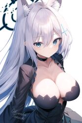 Rule 34 | 1girl, animal ears, black choker, black dress, blue archive, blue eyes, blush, breasts, broken halo, choker, cleavage, commentary request, cross hair ornament, dark halo, dress, extra ears, hair ornament, halo, highres, large breasts, long hair, looking at viewer, mismatched pupils, shiroko (blue archive), shiroko terror (blue archive), simple background, solo, tateishi kureha, twitter username, very long hair, white background, white hair, wolf ears