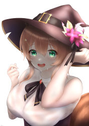 Rule 34 | 1girl, absurdres, arm up, ayunda risu, black ribbon, blouse, breasts, brown hair, brown headwear, corset, green eyes, hair between eyes, hair ornament, hairpin, hat, hat ornament, highres, hololive, hololive indonesia, hot, huge breasts, mee don, open mouth, ribbon, shirt, simple background, sleeveless, smile, squirrel tail, sweat, sweaty clothes, tail, virtual youtuber, white background, white shirt, witch hat