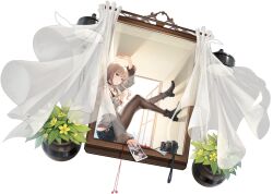 Rule 34 | 1girl, absurdres, azur lane, bare shoulders, black bra, black footwear, boots, bra, brown hair, camera, closed mouth, flower, full body, fur-trimmed sleeves, fur trim, green eyes, gridman universe, high heels, highres, holding, holding photo, jewelry, kurumi (recycllamo), long hair, looking at viewer, minami kano, minami yume, minami yume (a dream upon an open windowsill), necklace, non-web source, official alternate costume, official art, pantyhose, photo (object), plant, short shorts, shorts, sitting, ssss.dynazenon, transparent background, underwear