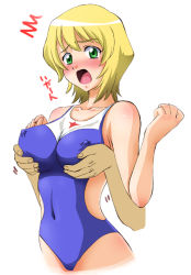 Rule 34 | 00s, 1girl, akiyama kenta, blonde hair, blush, grabbing another&#039;s breast, breasts, covered erect nipples, erstin ho, garderobe swimsuit, grabbing, green eyes, groping, large breasts, my-otome, nipples, one-piece swimsuit, open mouth, short hair, solo focus, surprised, surprised arms, swimsuit, tears, translation request
