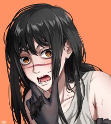 1girl black_gloves brown_eyes chainsaw_man elbow_gloves facial_scar gloves grey_tank_top highres long_hair matomo open_mouth orange_background ringed_eyes scar scar_on_cheek scar_on_face simple_background solo sweat tank_top yoru_(chainsaw_man)